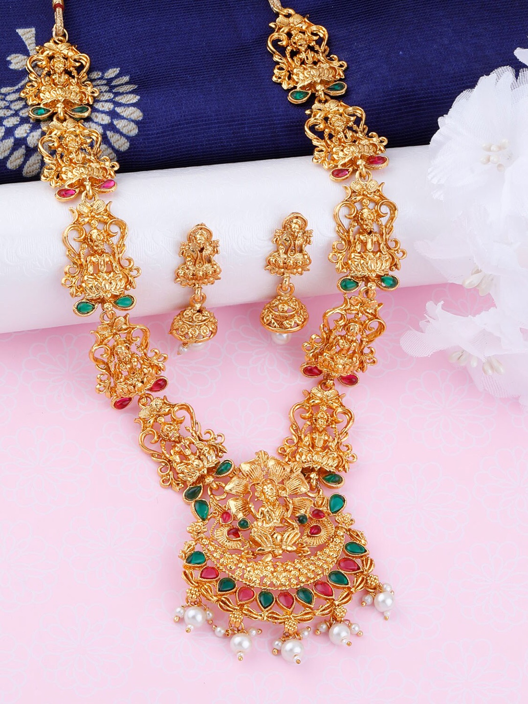 

Silver Shine Gold-Plated AD-Studded & Pearl Beaded Jewellery Set
