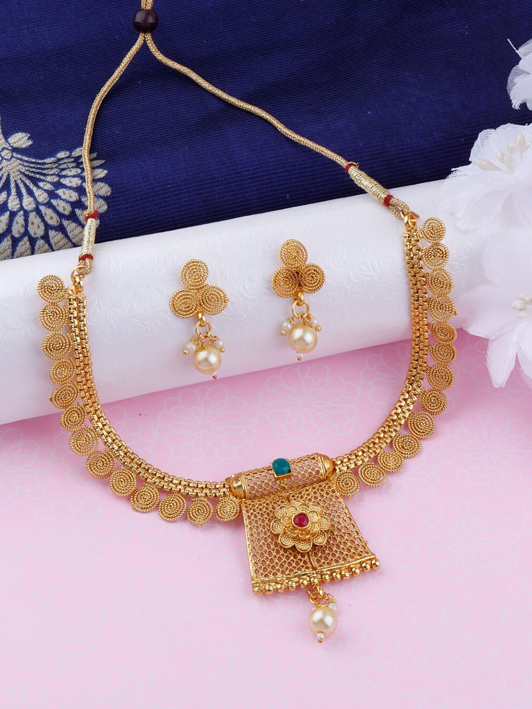 

Silver Shine Gold-Plated AD Studded & Beaded Jewellery Set