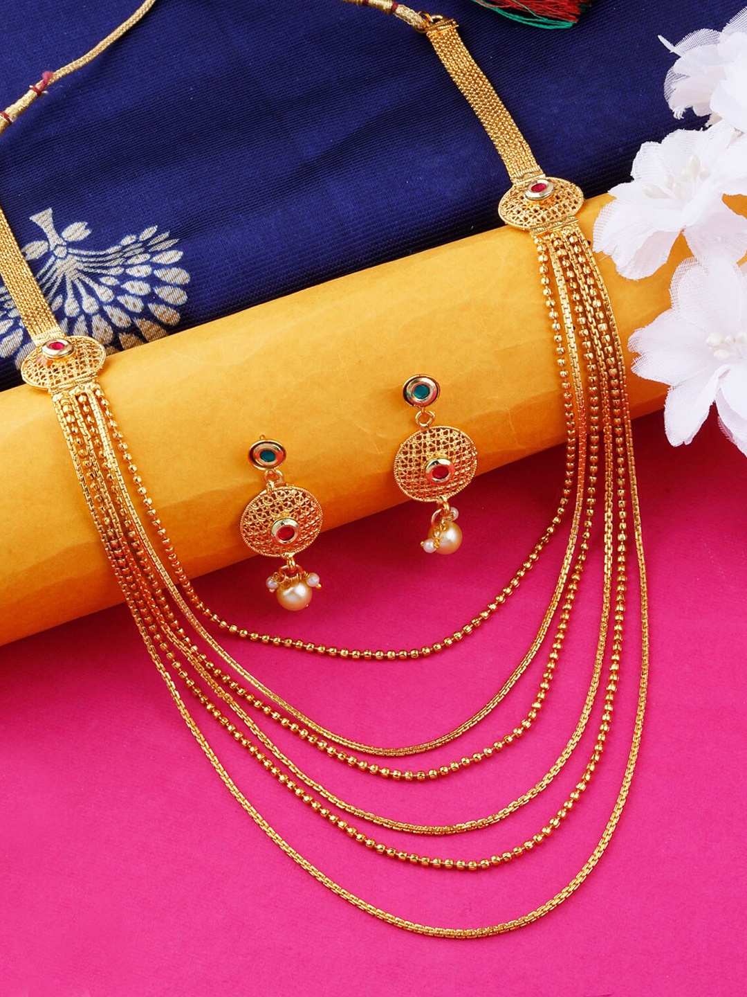 

Silver Shine Gold-Plated AD-Studded & Artificial Beaded Jewellery Set