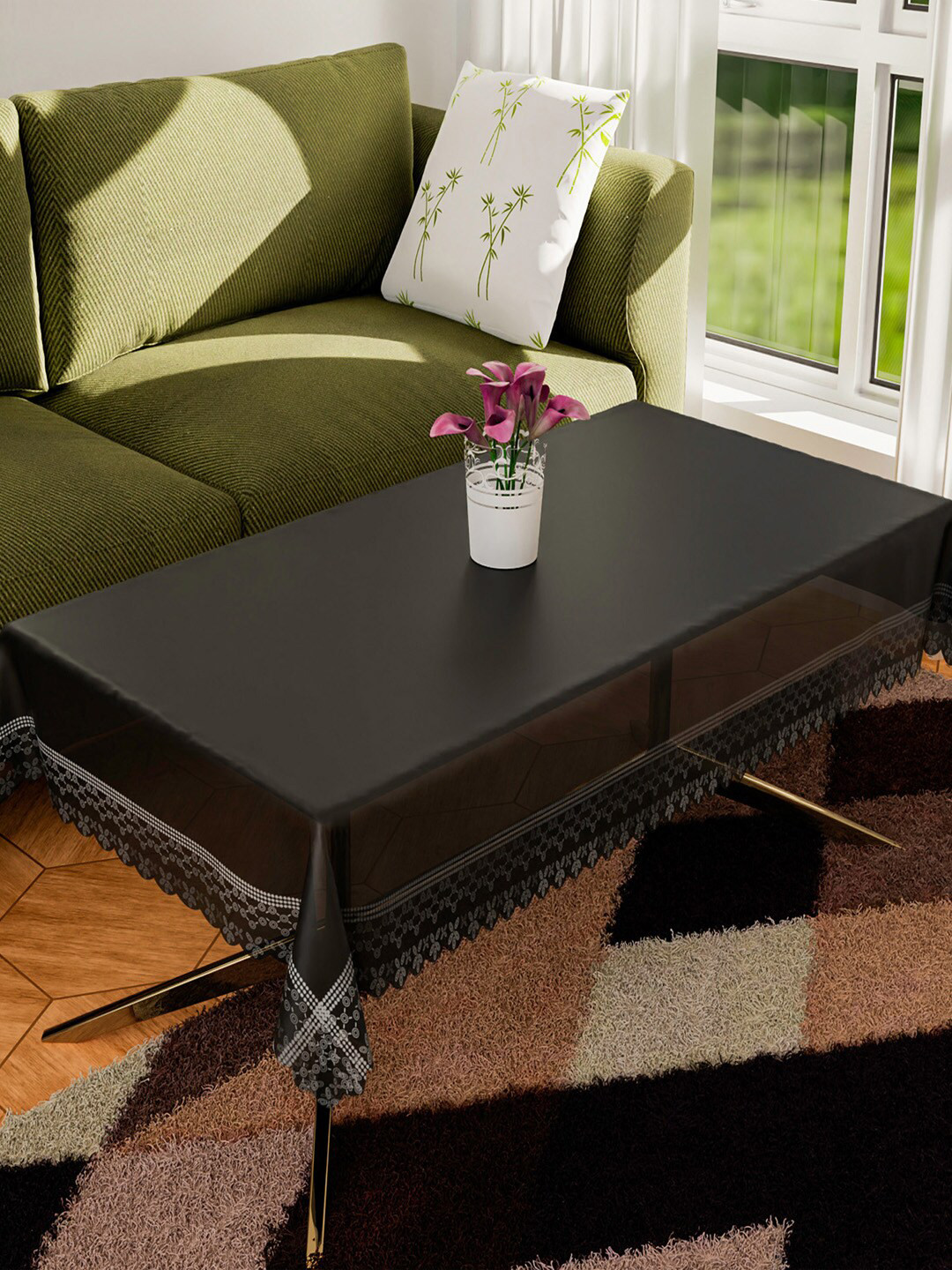 

Kuber Industries Black Printed Bordered Rectangular 4-Seater Center Table Cover