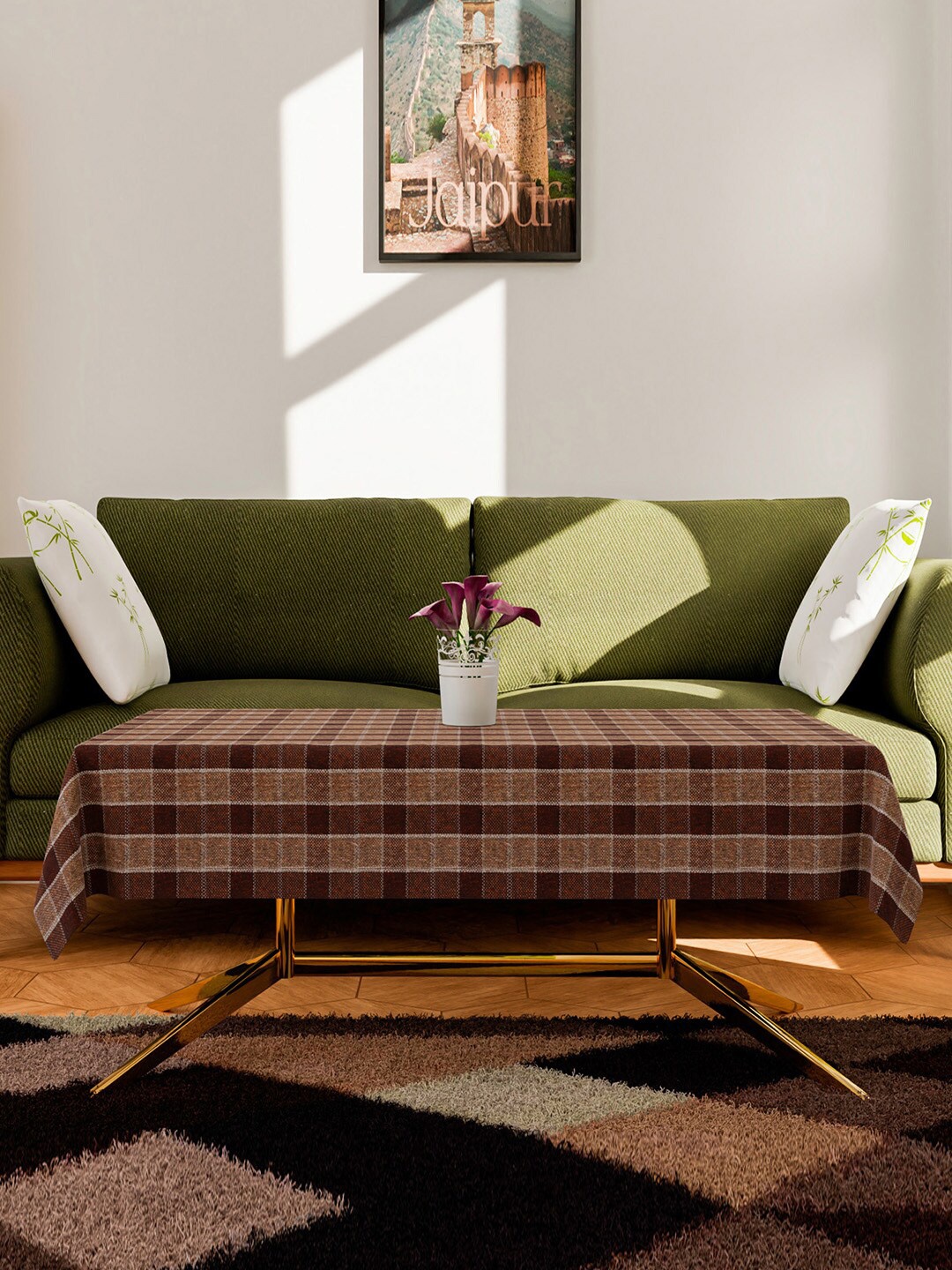 

Kuber Industries Brown Checked Jute 4-Seater Table Cover