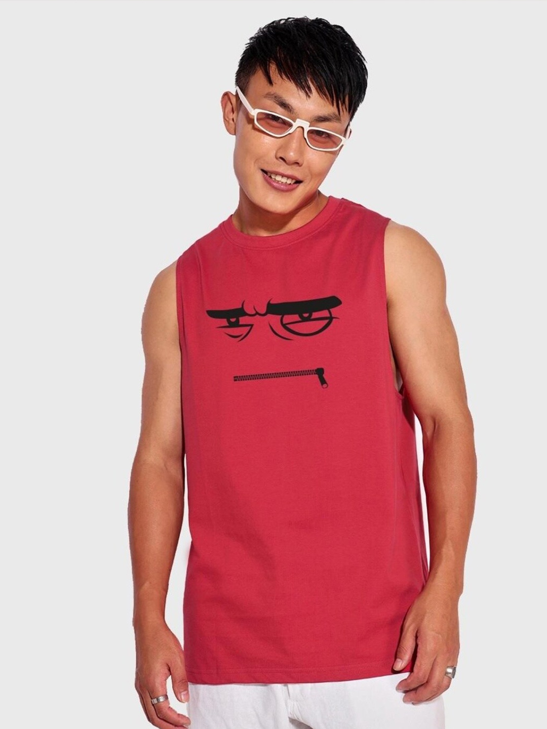 

Bewakoof Graphic Printed Sleeveless Oversized Cotton T-shirt, Red