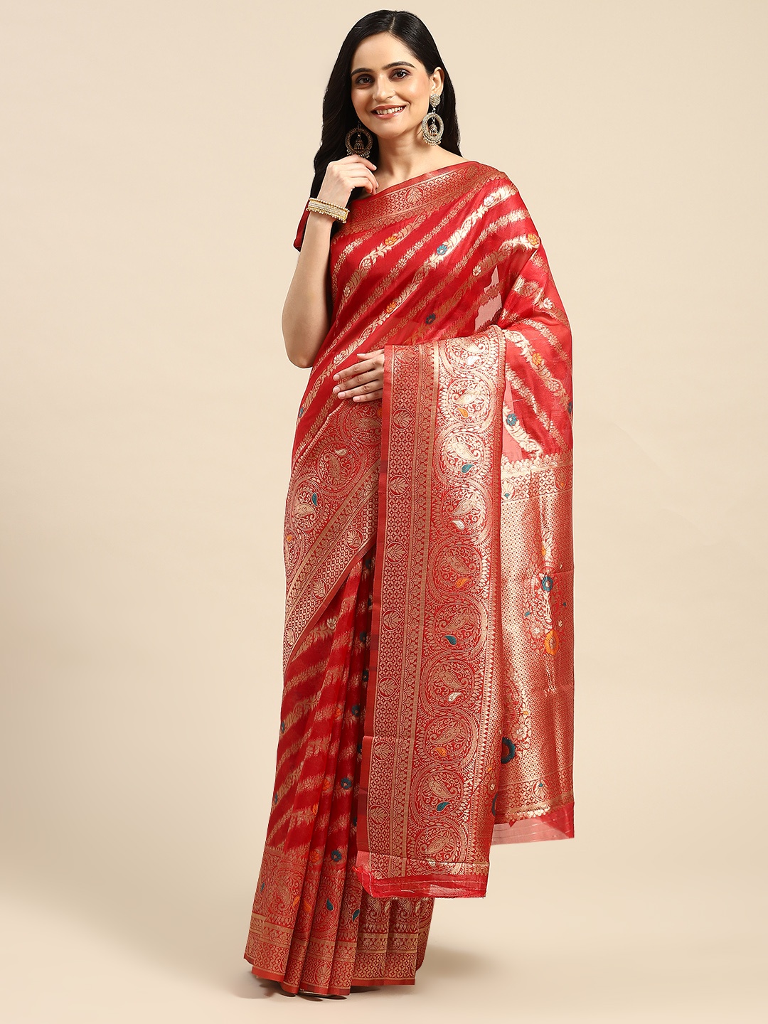 

Dhyey Fashion Floral Zari Organza Saree, Red