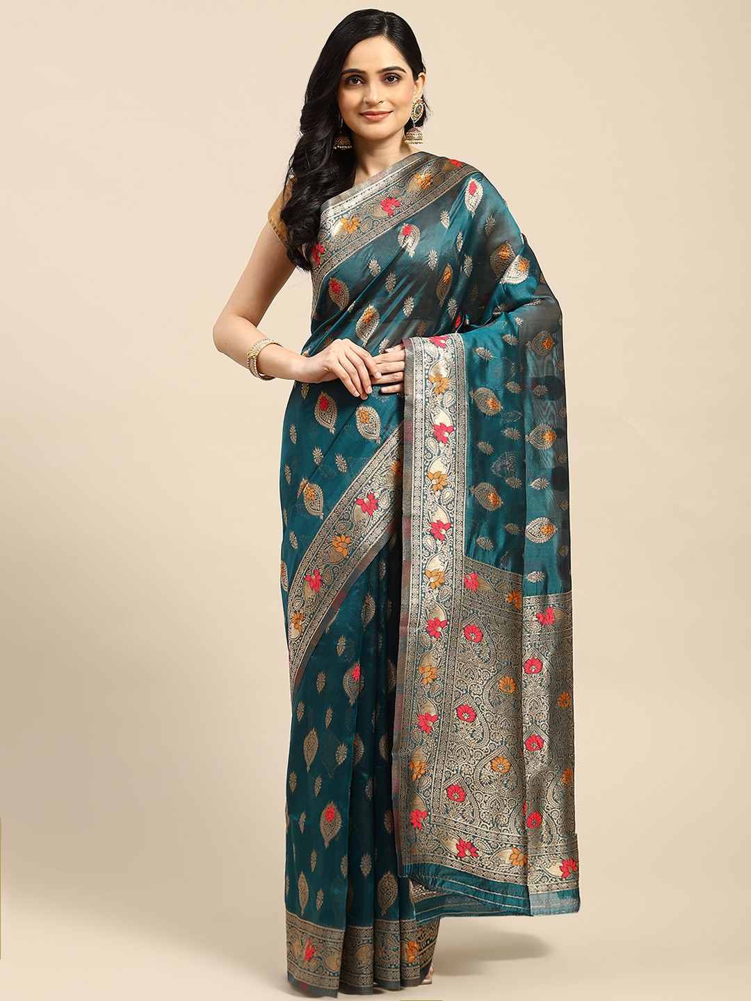 

Dhyey Fashion Woven Design Silk Blend Saree, Teal