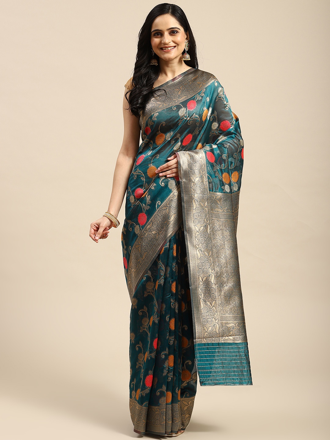 

Dhyey Fashion Woven Design Silk Blend Saree, Blue