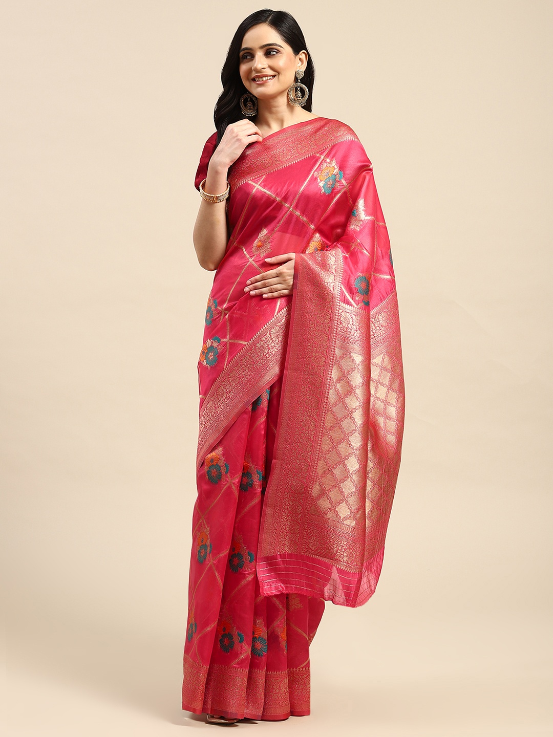 

Dhyey Fashion Woven Design Silk Blend Saree, Red