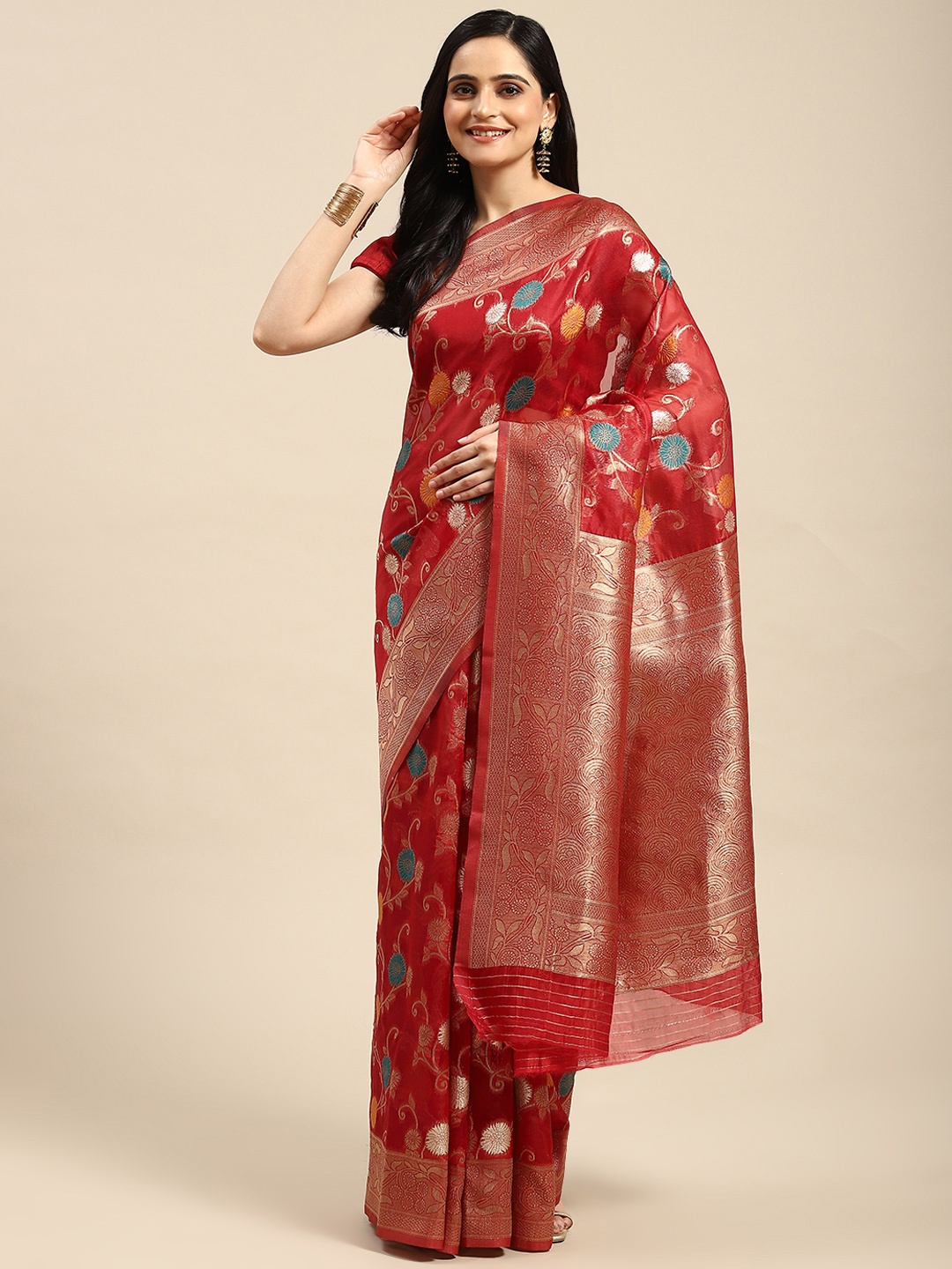 

Dhyey Fashion Woven Design Silk Blend Saree, Red