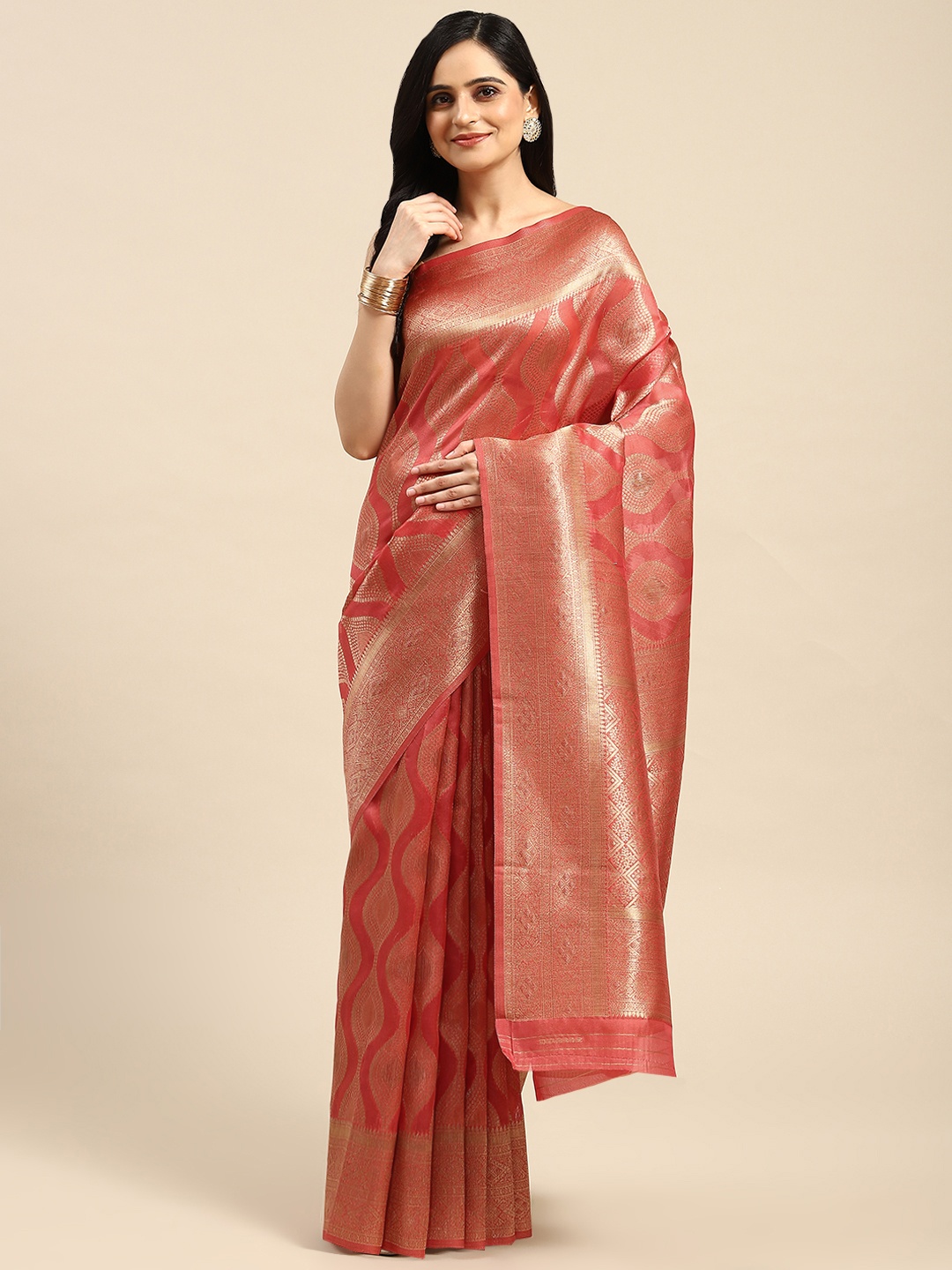 

Dhyey Fashion Ethnic Motifs Zari Organza Saree, Red