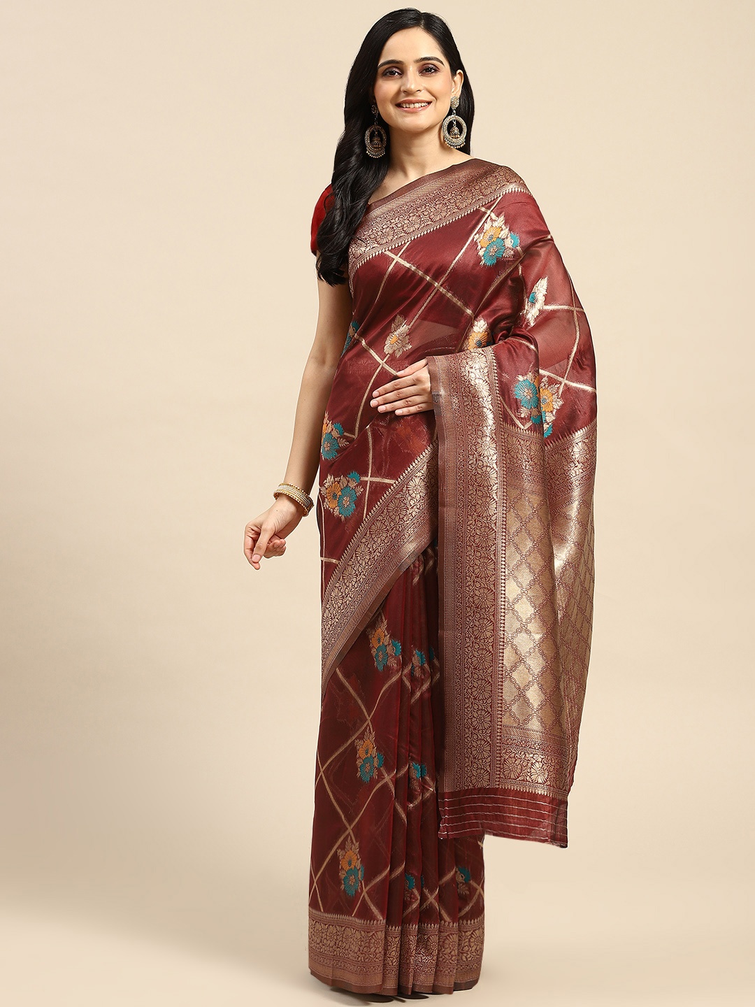 

Dhyey Fashion Floral Zari Organza Saree, Maroon