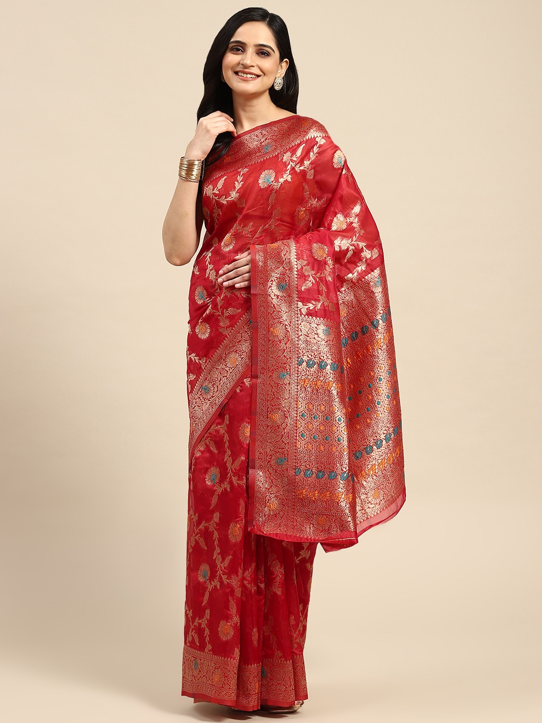 

Dhyey Fashion Floral Zari Organza Saree, Red
