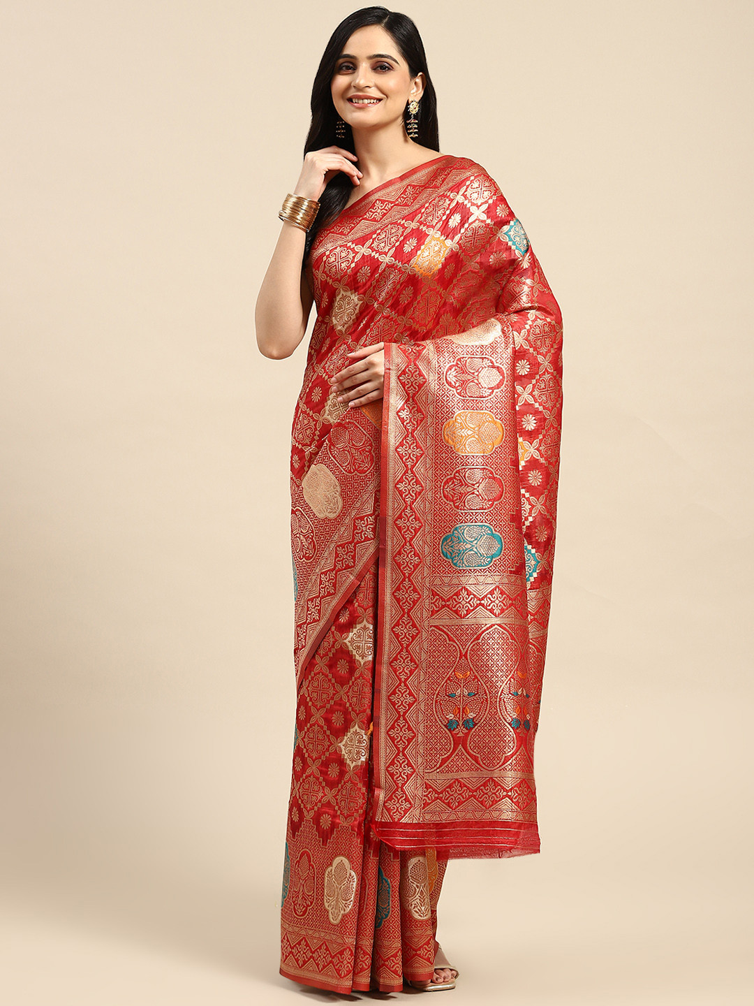 

Dhyey Fashion Woven Design Silk Blend Saree, Red