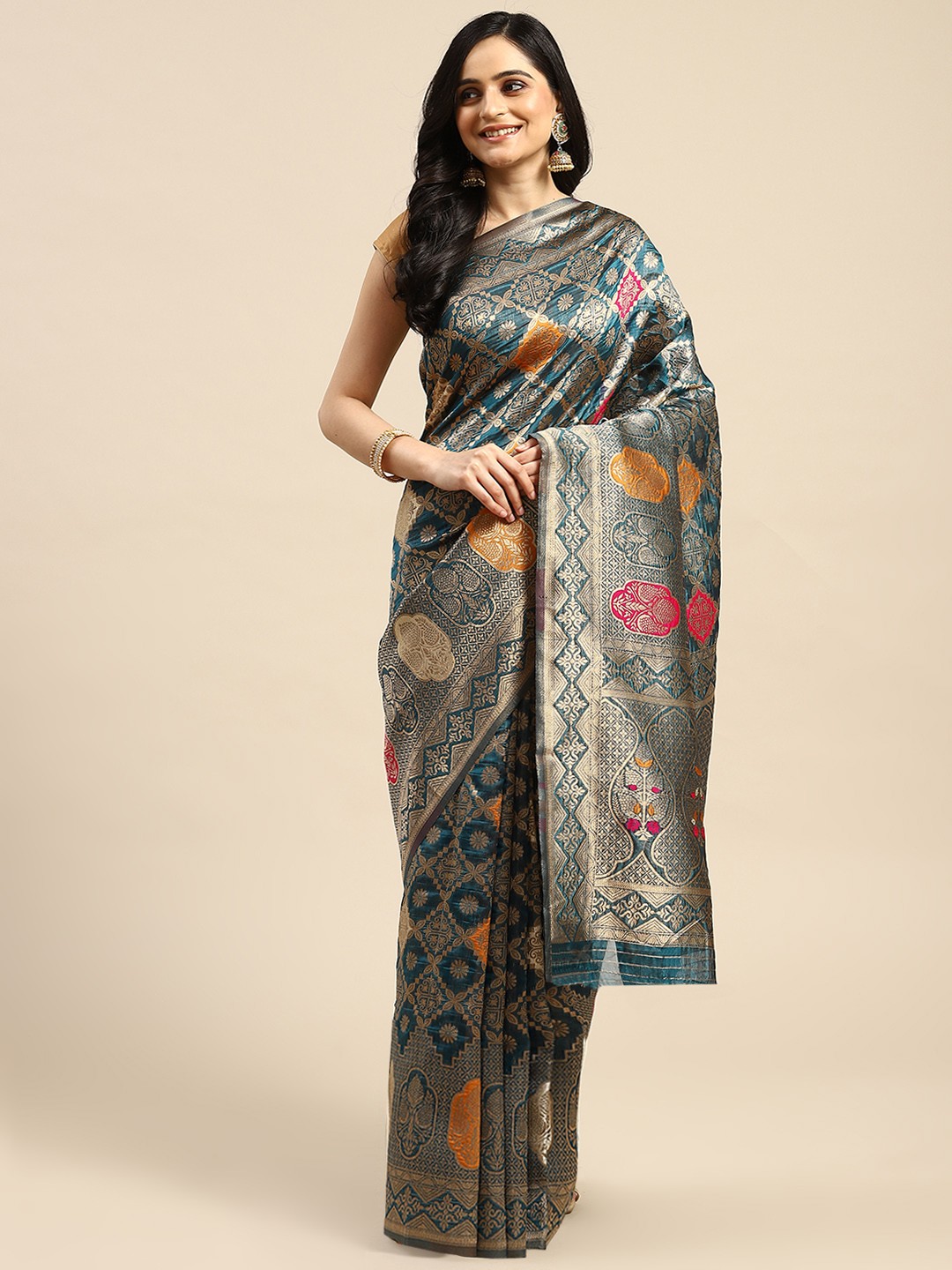 

Dhyey Fashion Woven Design Silk Blend Saree, Blue