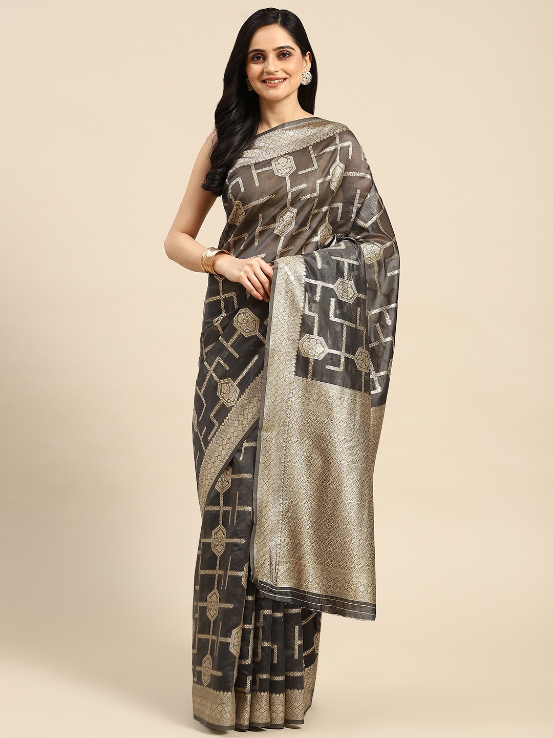 

Dhyey Fashion Floral Zari Organza Saree, Grey