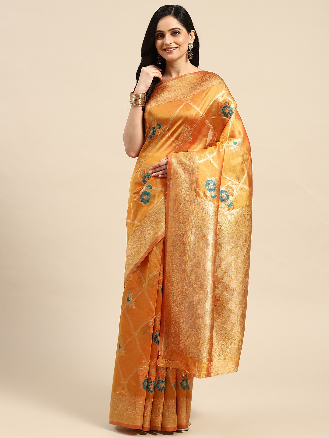 

Dhyey Fashion Ethnic Motifs Zari Organza Saree, Yellow