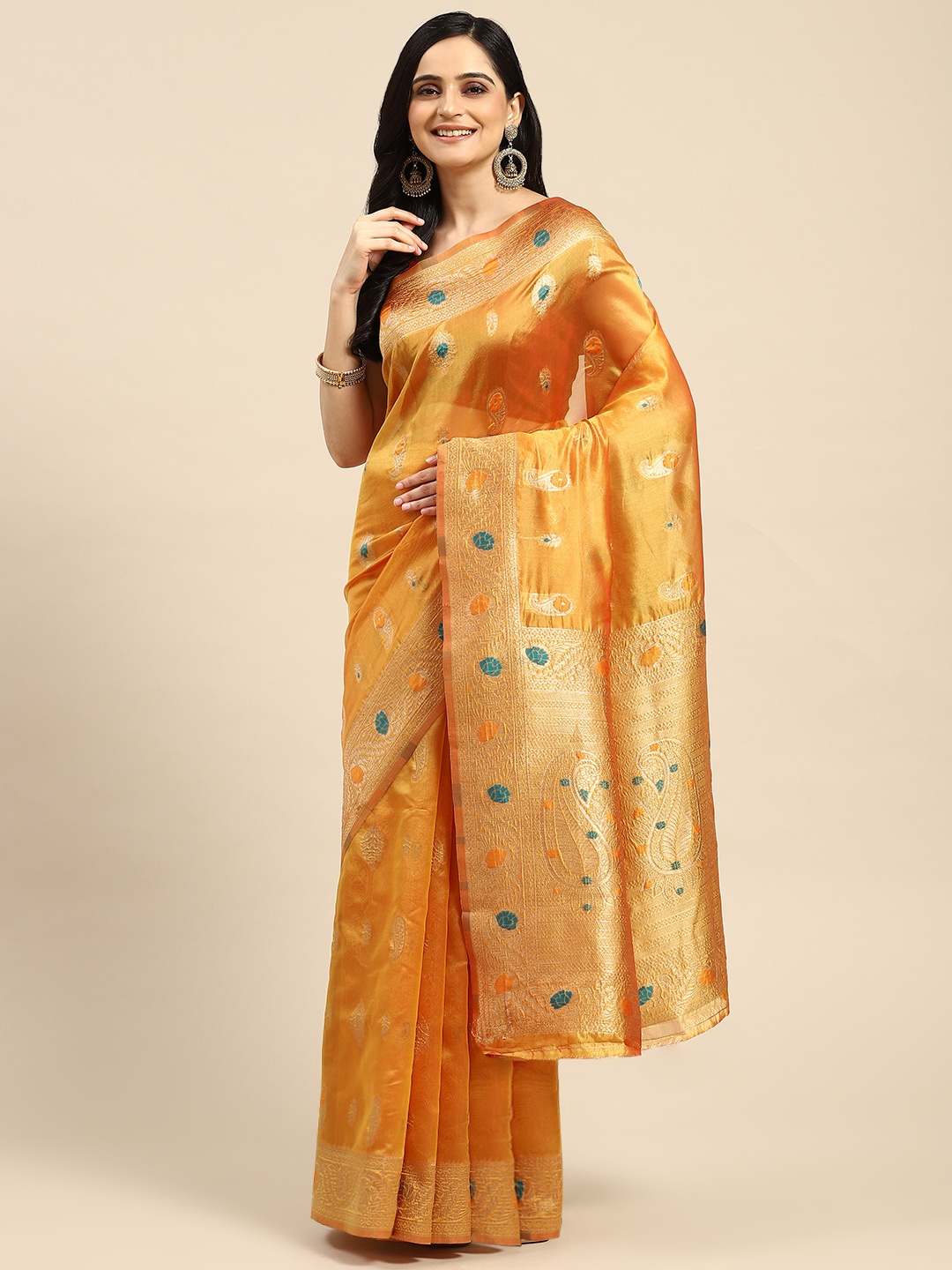 

Dhyey Fashion Ethnic Motifs Zari Organza Saree, Yellow