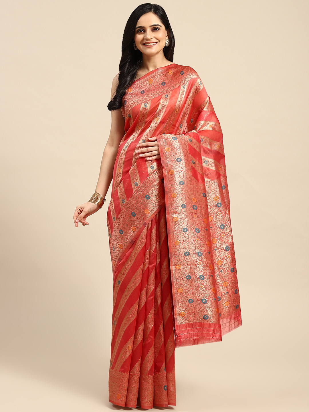 

Dhyey Fashion Floral Zari Organza Saree, Red