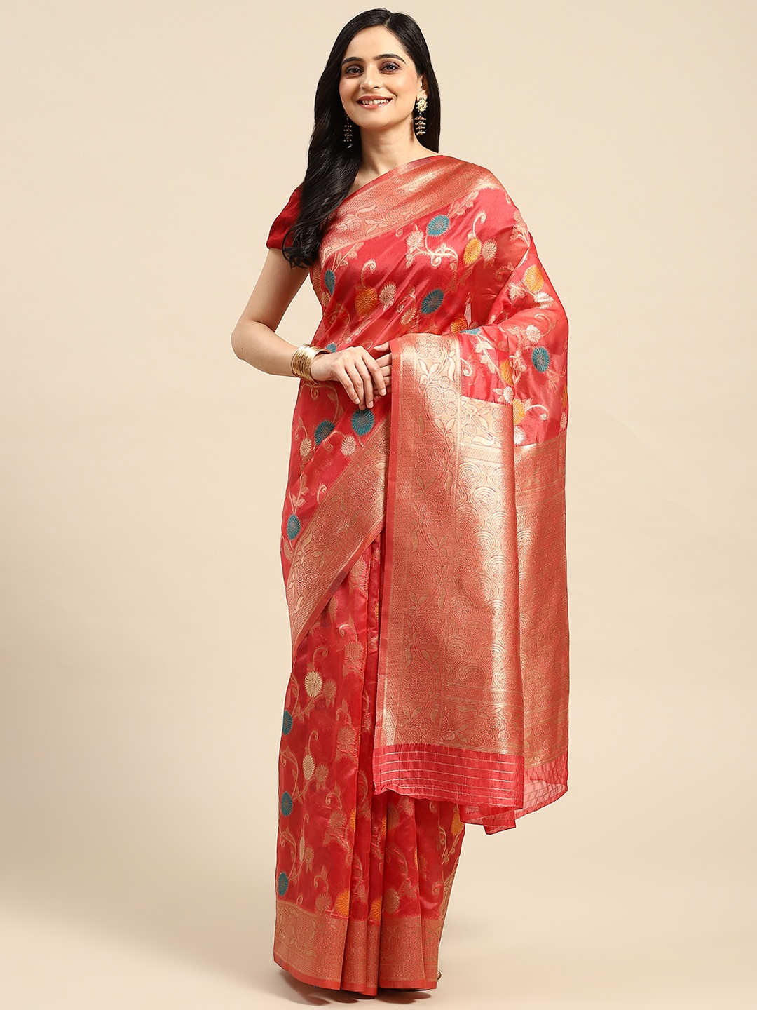 

Dhyey Fashion Floral Zari Organza Saree, Red