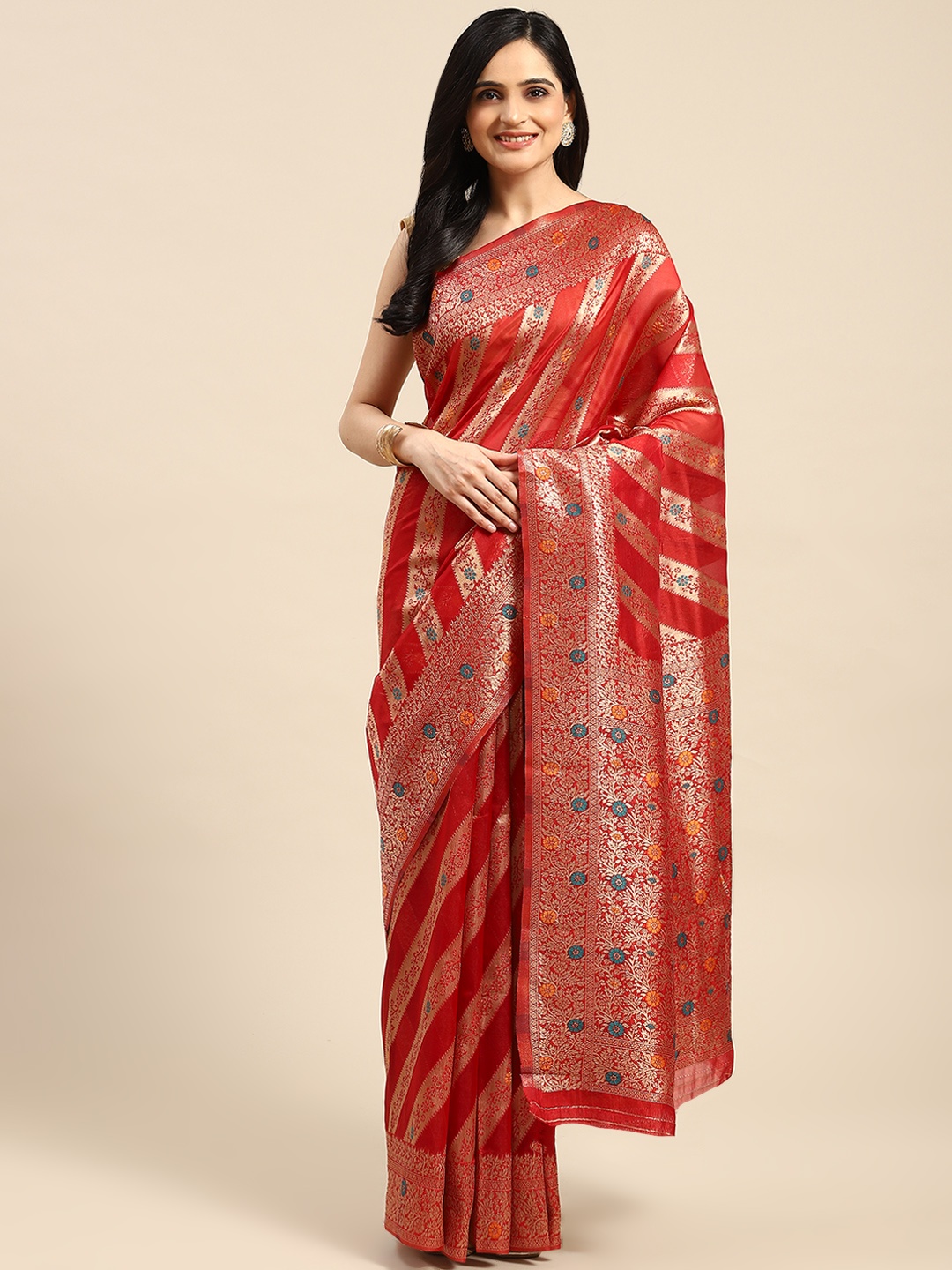 

Dhyey Fashion Floral Zari Organza Saree, Red