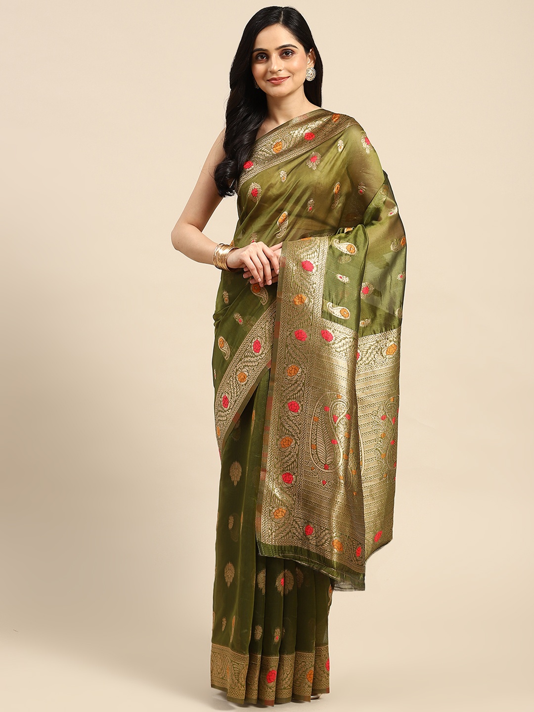 

Dhyey Fashion Ethnic Motifs Zari Organza Saree, Olive