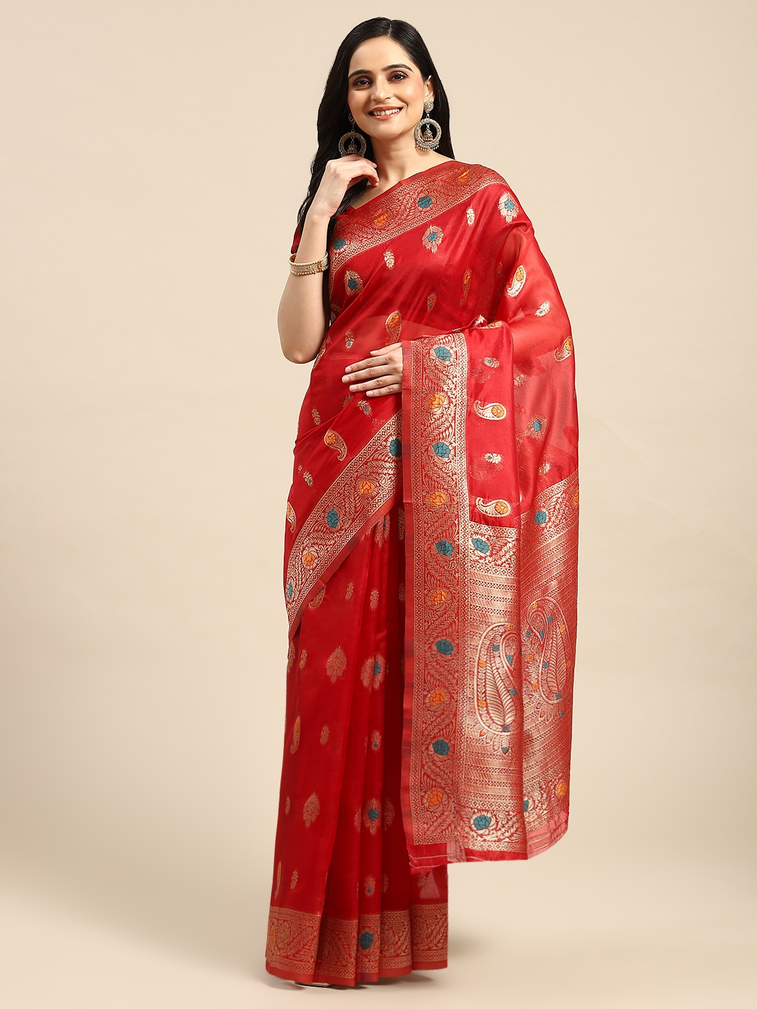 

Dhyey Fashion Ethnic Motifs Zari Organza Saree, Red