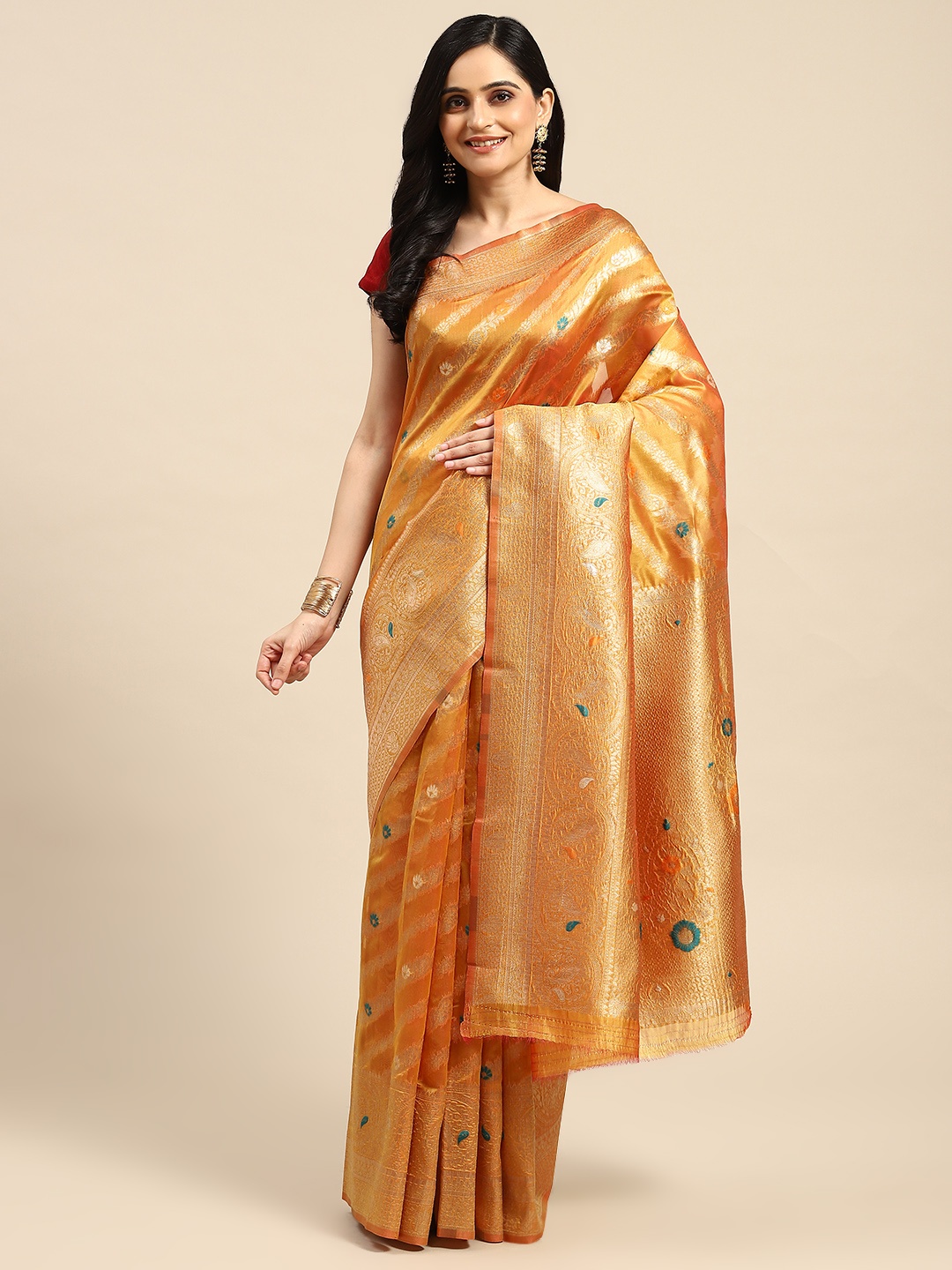 

Dhyey Fashion Floral Zari Organza Saree, Yellow
