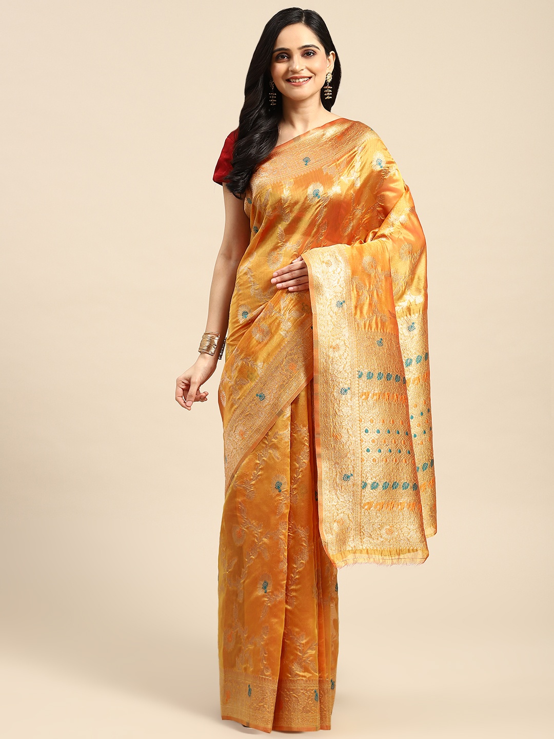 

Dhyey Fashion Floral Zari Organza Saree, Yellow