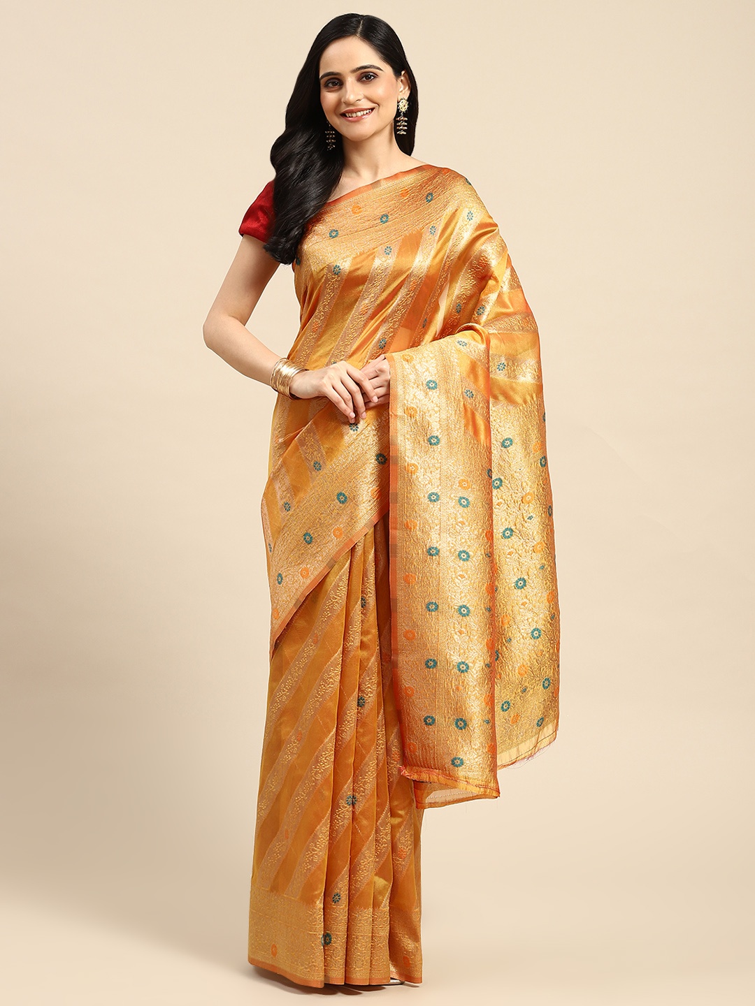 

Dhyey Fashion Floral Zari Organza Saree, Yellow