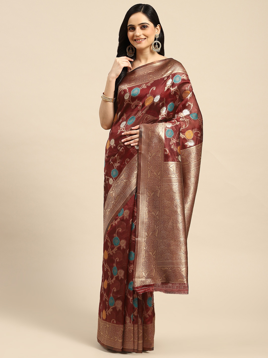 

Dhyey Fashion Floral Zari Organza Saree, Maroon