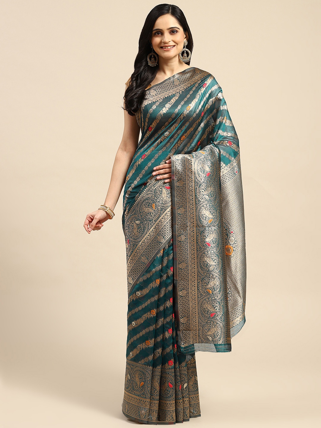 

Dhyey Fashion Woven Design Silk Blend Saree, Teal