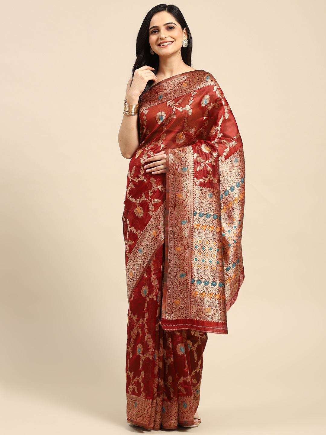 

Dhyey Fashion Floral Zari Organza Saree, Maroon