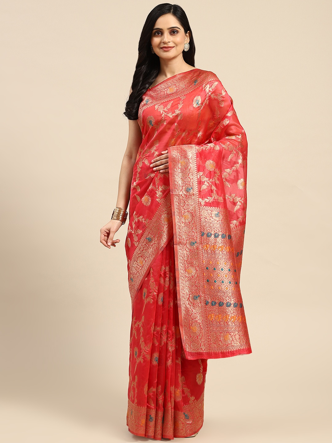 

Dhyey Fashion Floral Zari Organza Saree, Pink