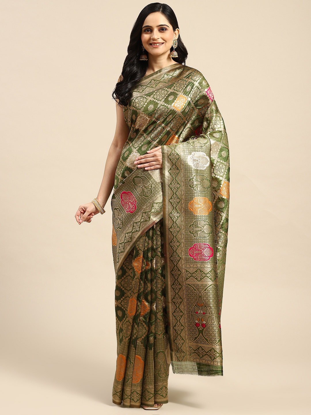 

Dhyey Fashion Ethnic Motifs Zari Organza Saree, Green
