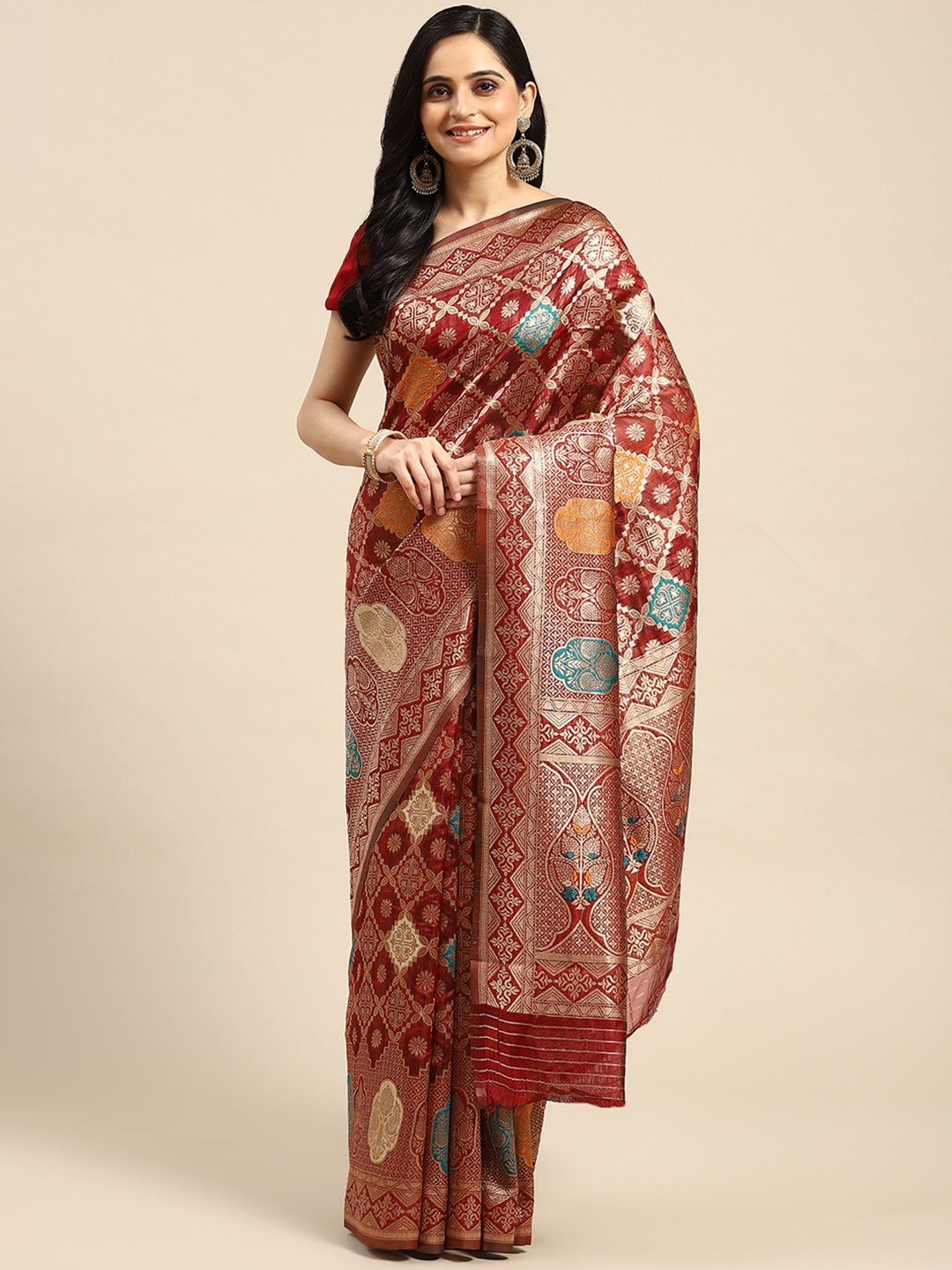

Dhyey Fashion Ethnic Motifs Zari Organza Saree, Maroon