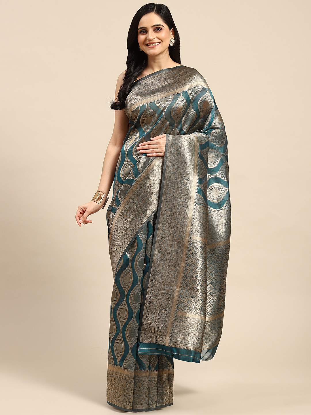 

Dhyey Fashion Ethnic Motifs Zari Organza Saree, Teal