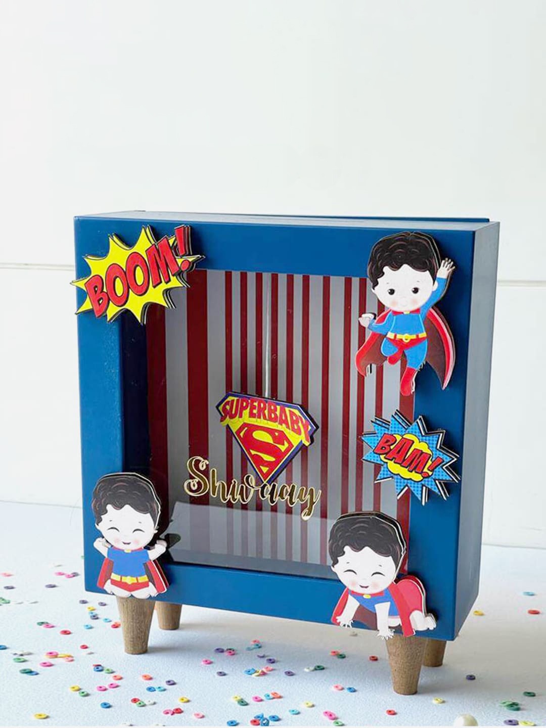 

Little Surprise Box LLP Blue & White SuperBaby Design Piggy Bank