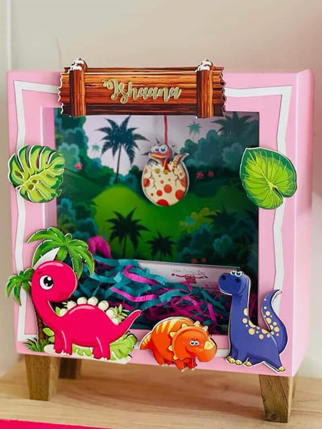 

Little Surprise Box LLP Pink & Brown Printed Wooden Roarr Like a Dinosaurr Piggy Box