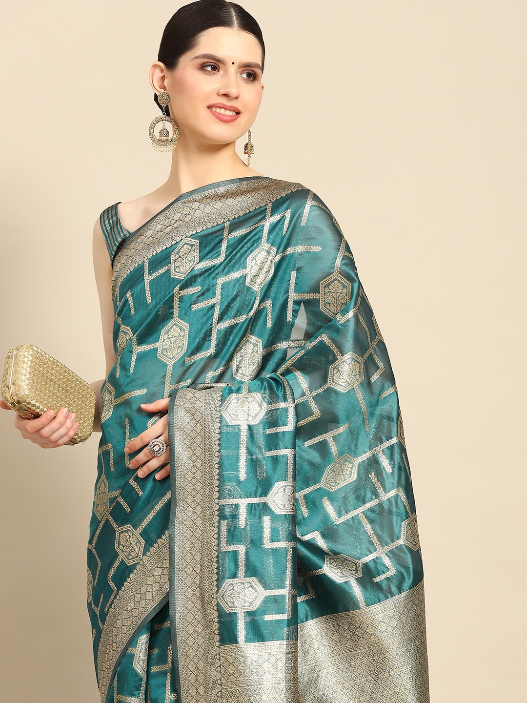 

Saree mall Ethnic Motifs Organza Zari Banarasi Saree, Teal