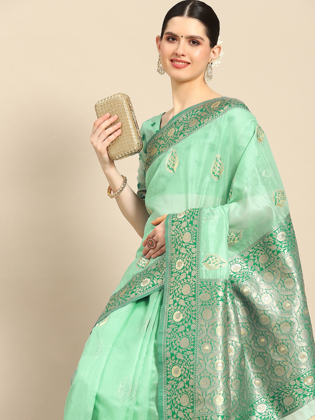 

Saree mall Bagh Organza Zari Banarasi Saree, Sea green