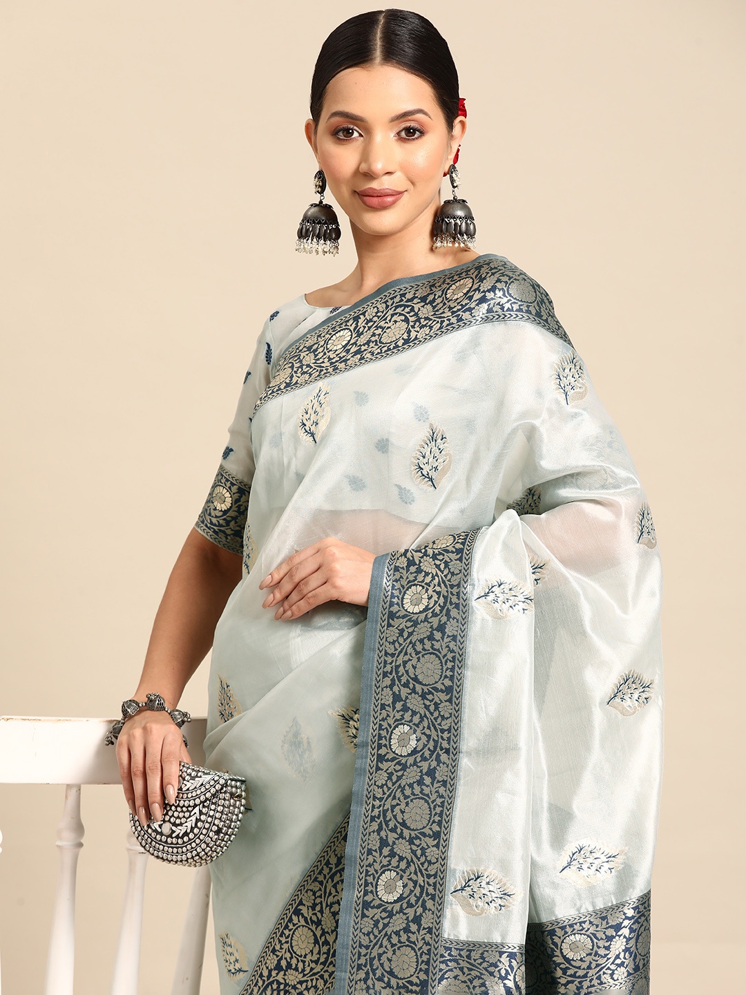 

Saree mall Woven Design Bagh Zari Organza Banarasi Saree, Grey