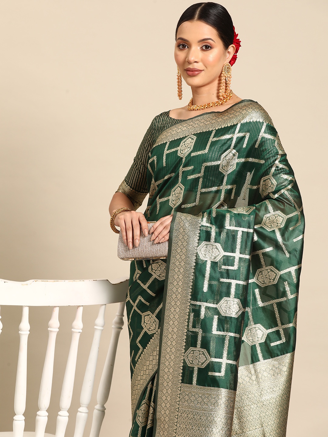 

Saree mall Ethnic Motifs Zari Organza Banarasi Saree, Green