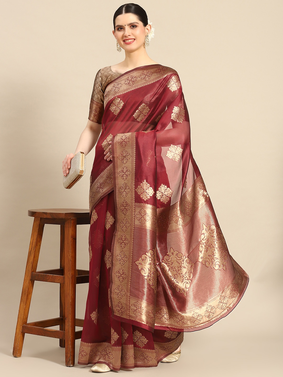 

Saree mall Bagh Organza Sequinned Banarasi Saree, Rust