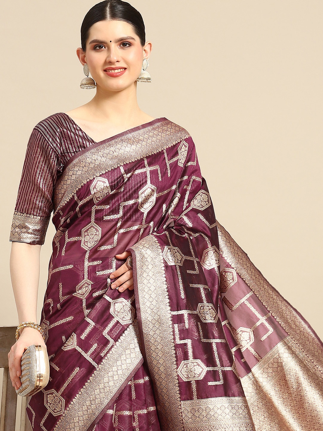 

Saree mall Ethnic Motifs Zari Organza Banarasi Saree, Burgundy