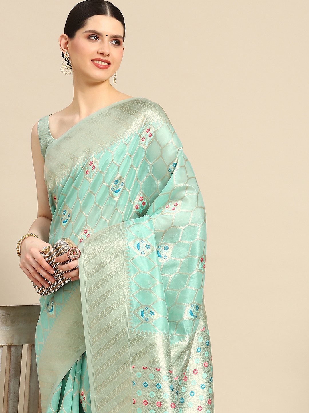 

Saree mall Ethnic Motifs Zari Organza Banarasi Saree, Sea green