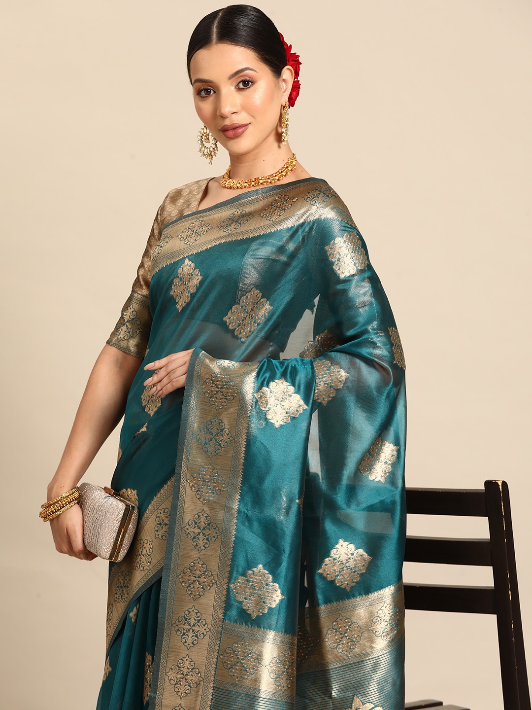 

Saree mall Ethnic Motifs Zari Organza Banarasi Saree, Teal