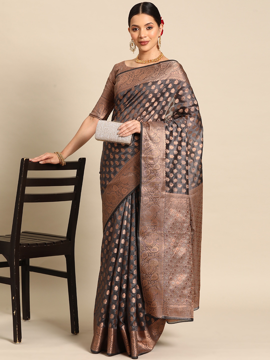 

Saree mall Ethnic Motifs Zari Organza Kanjeevaram Saree, Grey