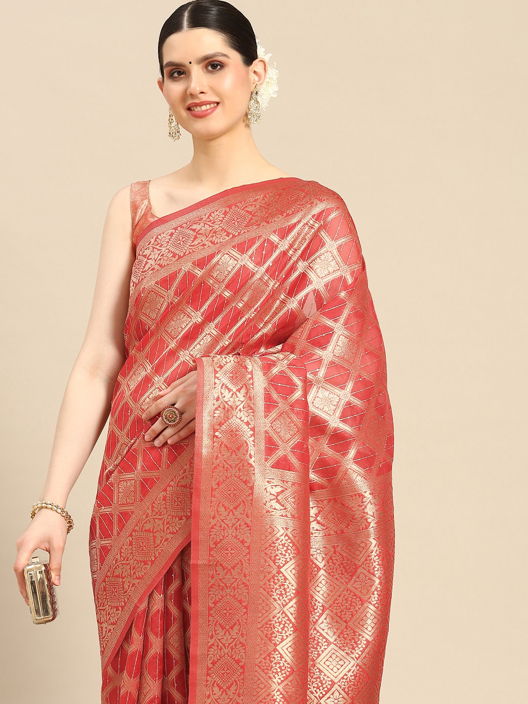 

Saree mall Ethnic Motifs Sequinned Organza Banarasi Saree, Red