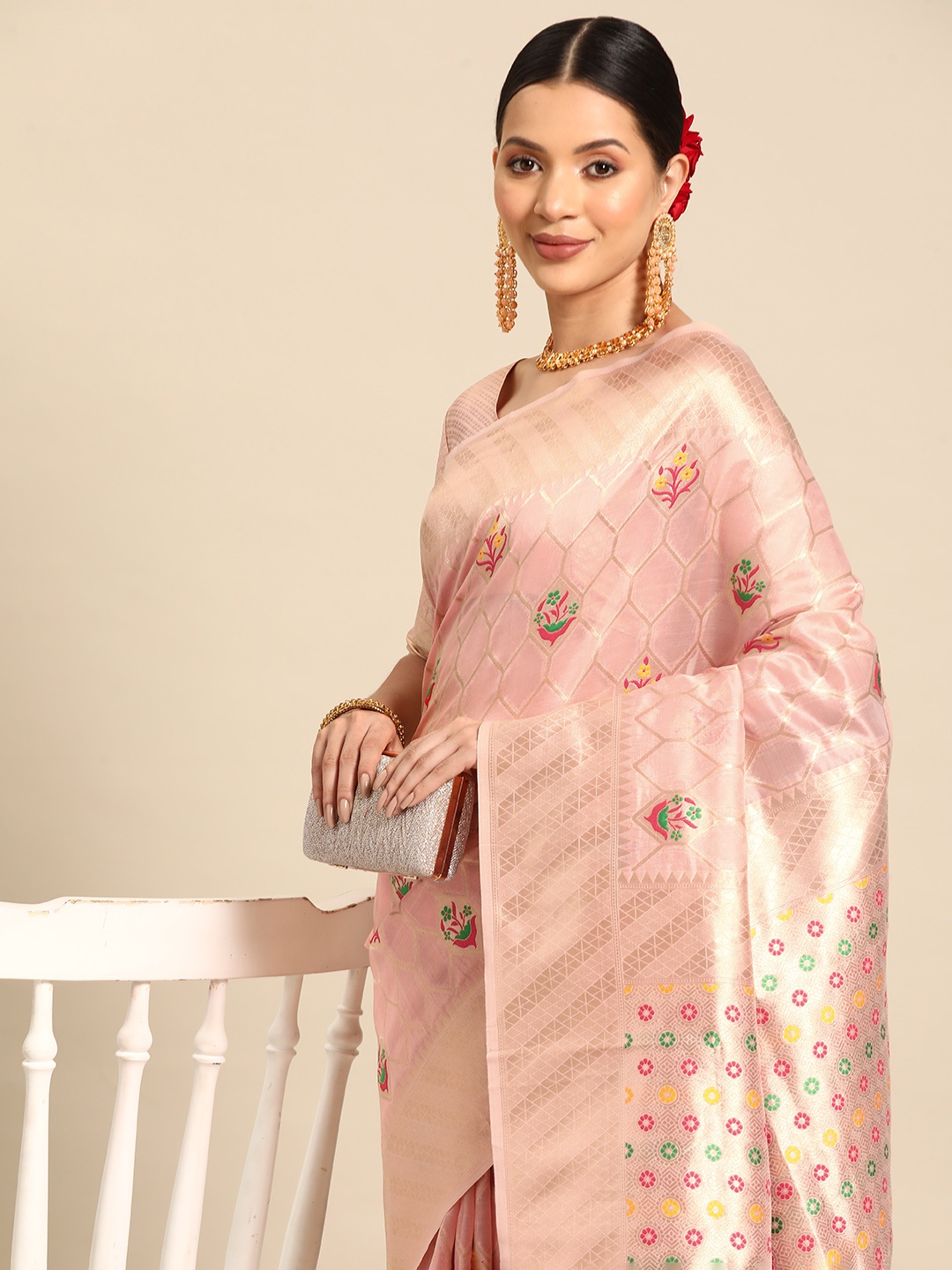 

Saree mall Woven Design Ethnic Motifs Zari Organza Banarasi Saree, Peach