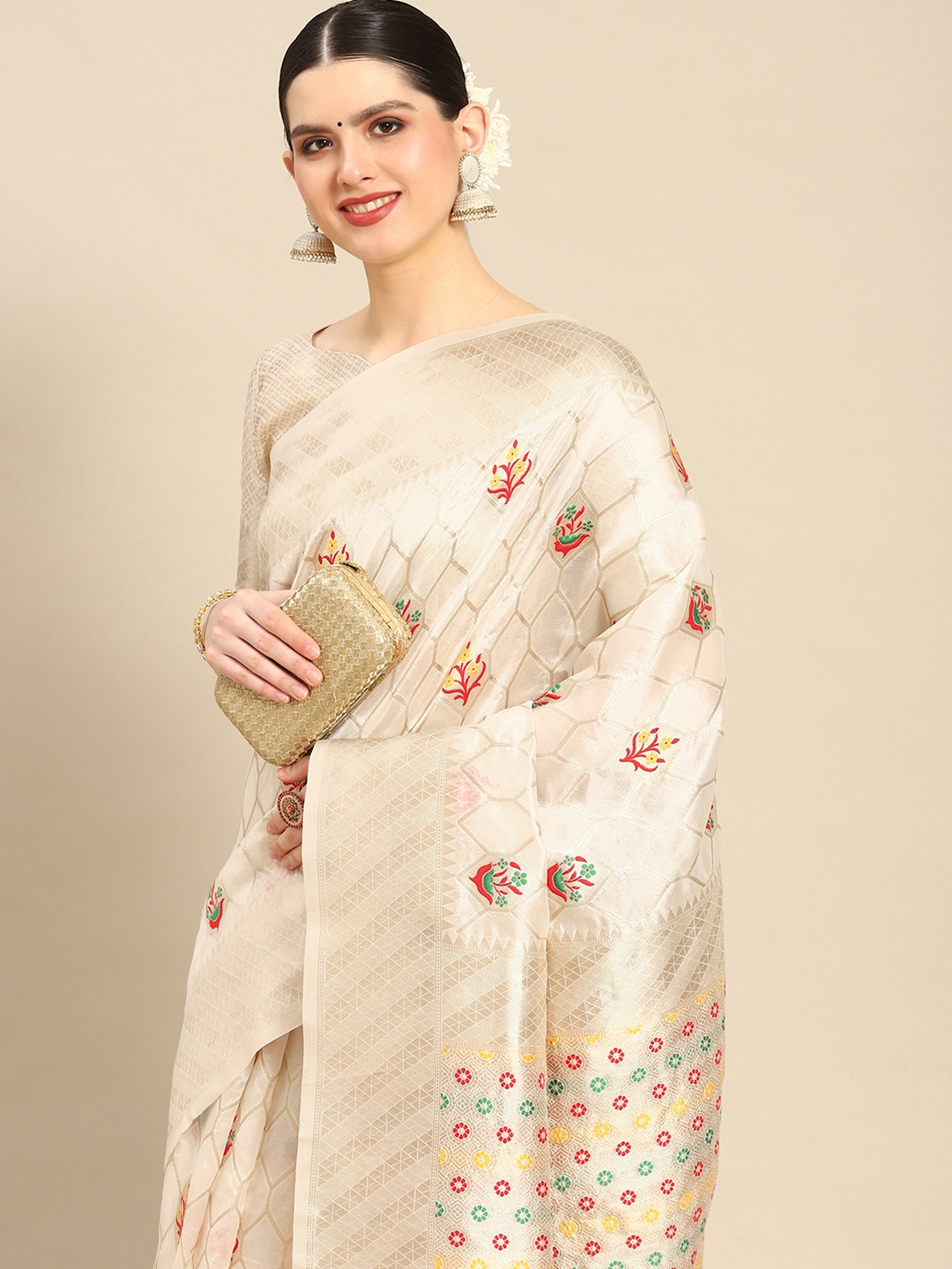 

Saree mall Ethnic Motifs Zari Organza Banarasi Saree, Cream