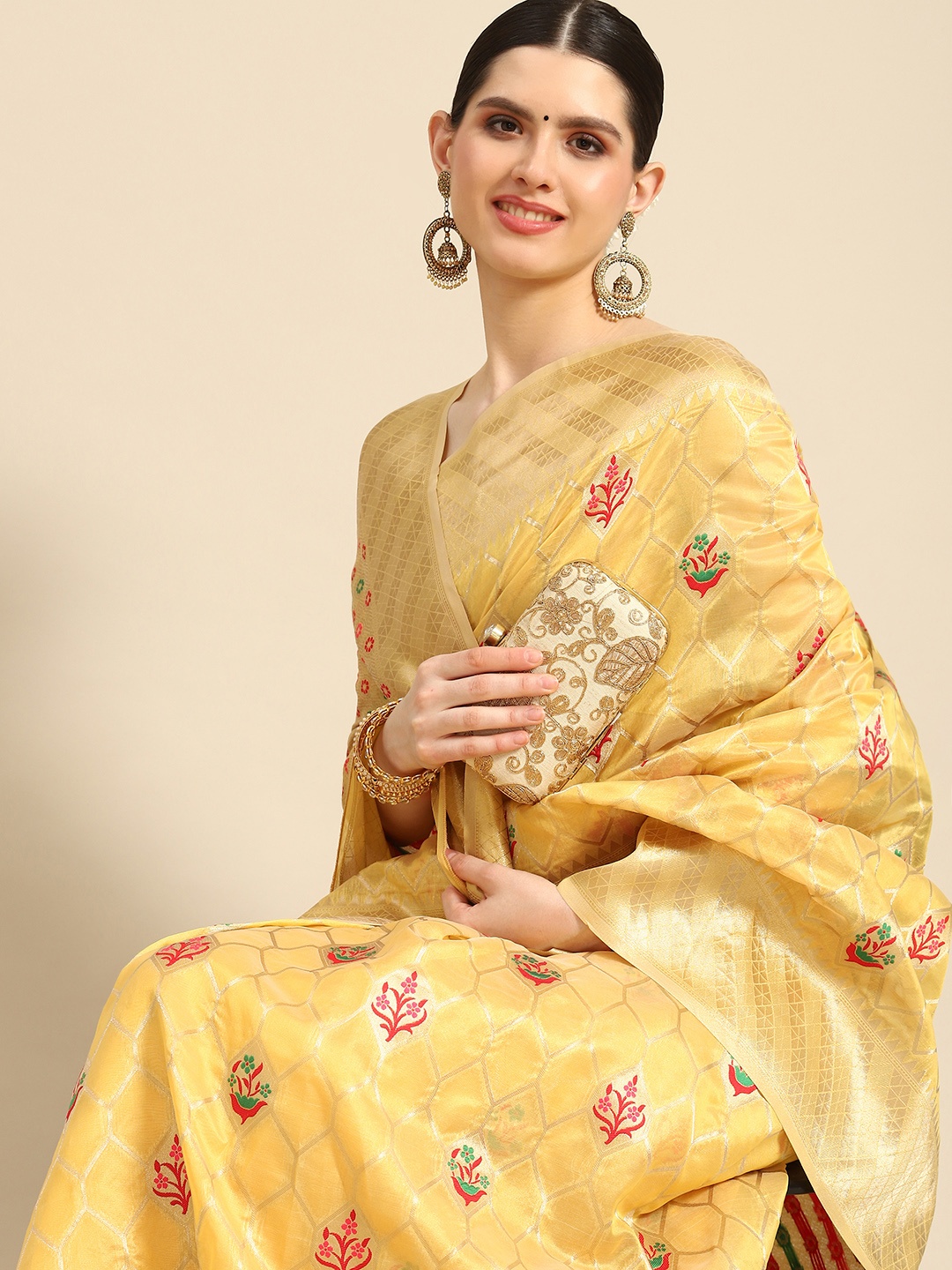 

Saree mall Ethnic Motifs Zari Organza Banarasi Sarees, Yellow