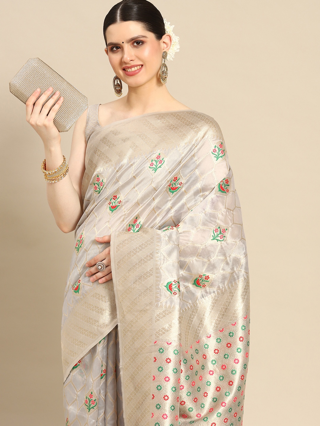 

Saree mall Ethnic Motifs Zari Organza Banarasi Saree, Grey